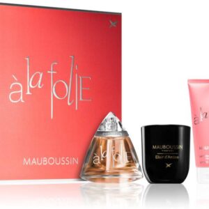 Coffret Mauboussin-Á la Folie-Eau de Parfum-100ml + Gel Douche-100ml + Lait Corporel-100ml + Bougie Parfumée-110g (4 pièces)