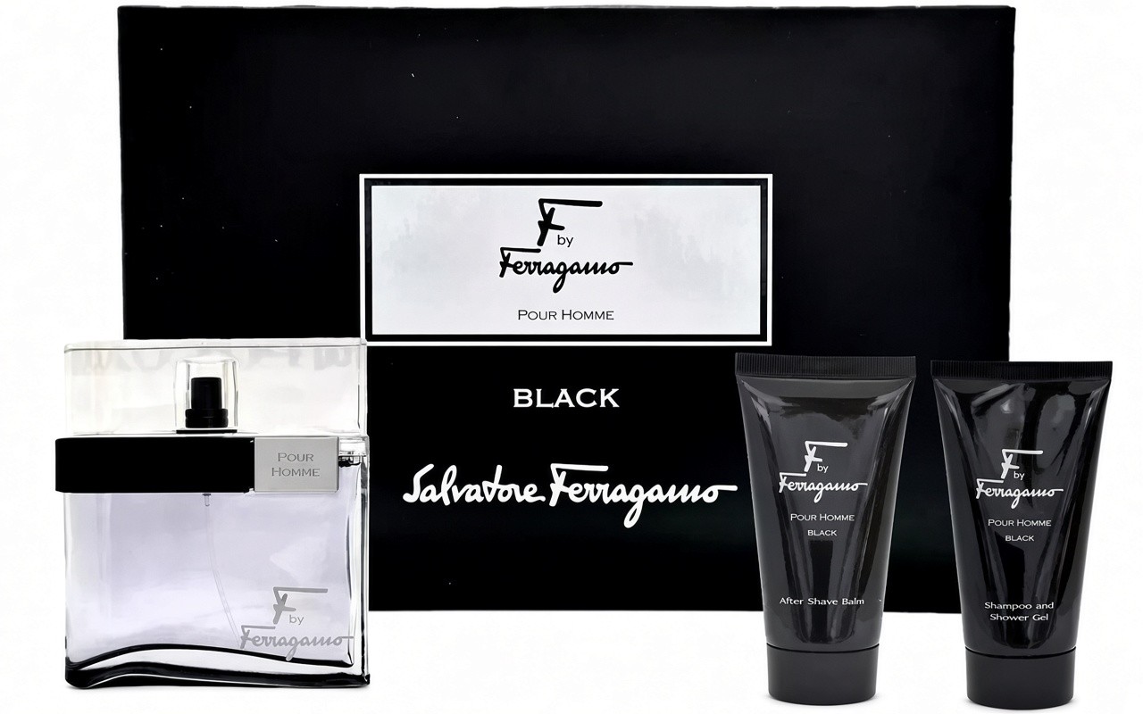 Coffret Salvatore Ferragamo-F by Ferragamo Black-Eau de Toilette-100ml + shampooing et Gel Douche-75ml + Baume après-rasage-75ml (3 Pièces)